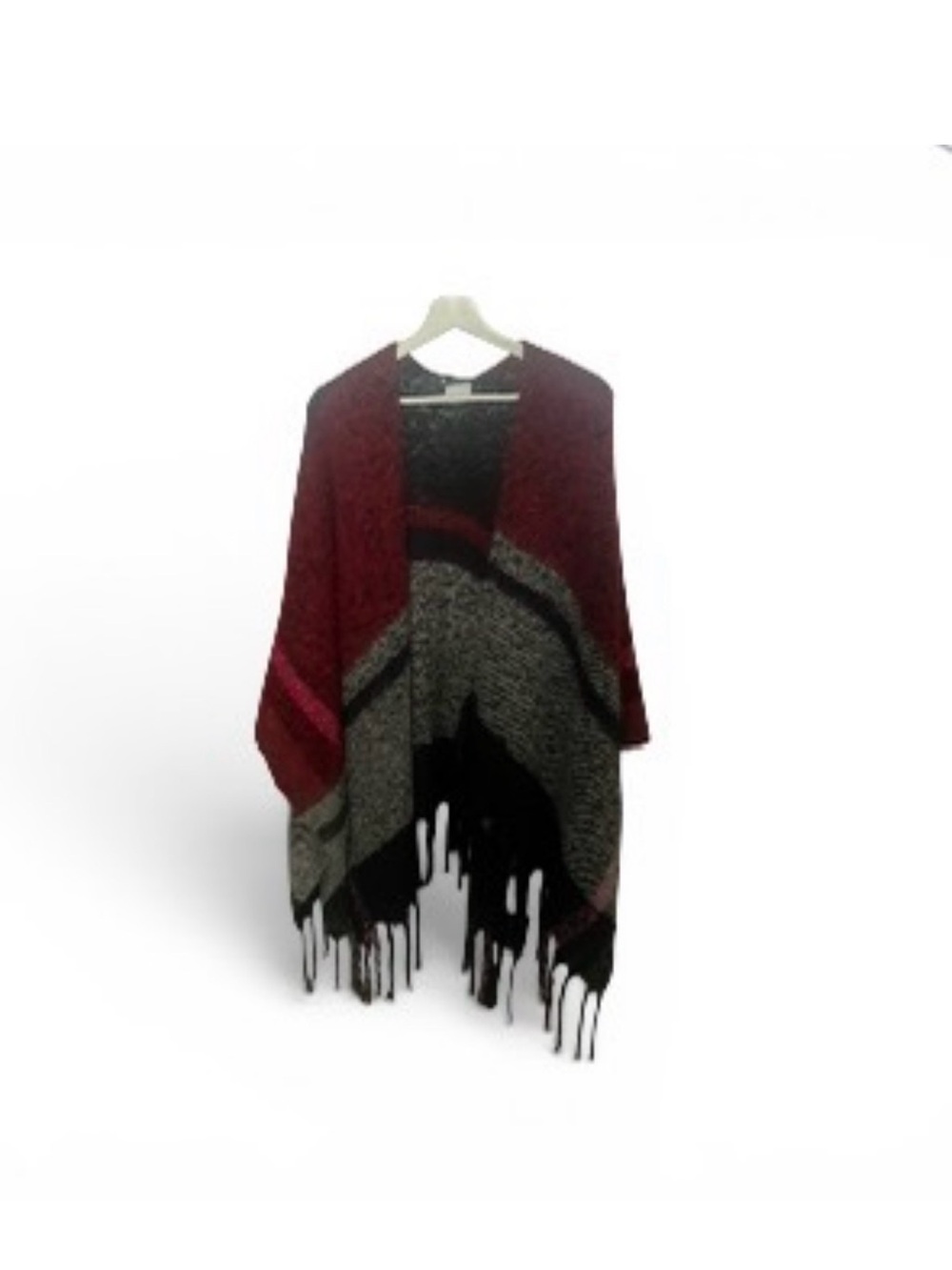 Fringed Knit Wrap Cardigan in Burgundy, Gray & Black